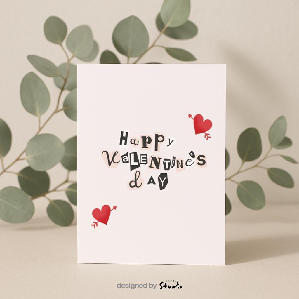 Verspielte Valentinstags Grußkarte mit Collage-Typografie und kleinen Herzillustrationen, modernes Design auf hellem Hintergrund, perfekt als liebevolle Valentine Karte für Partner oder Lieblingsmenschen, ideal für romantische Grüße mit kreativem Stil.