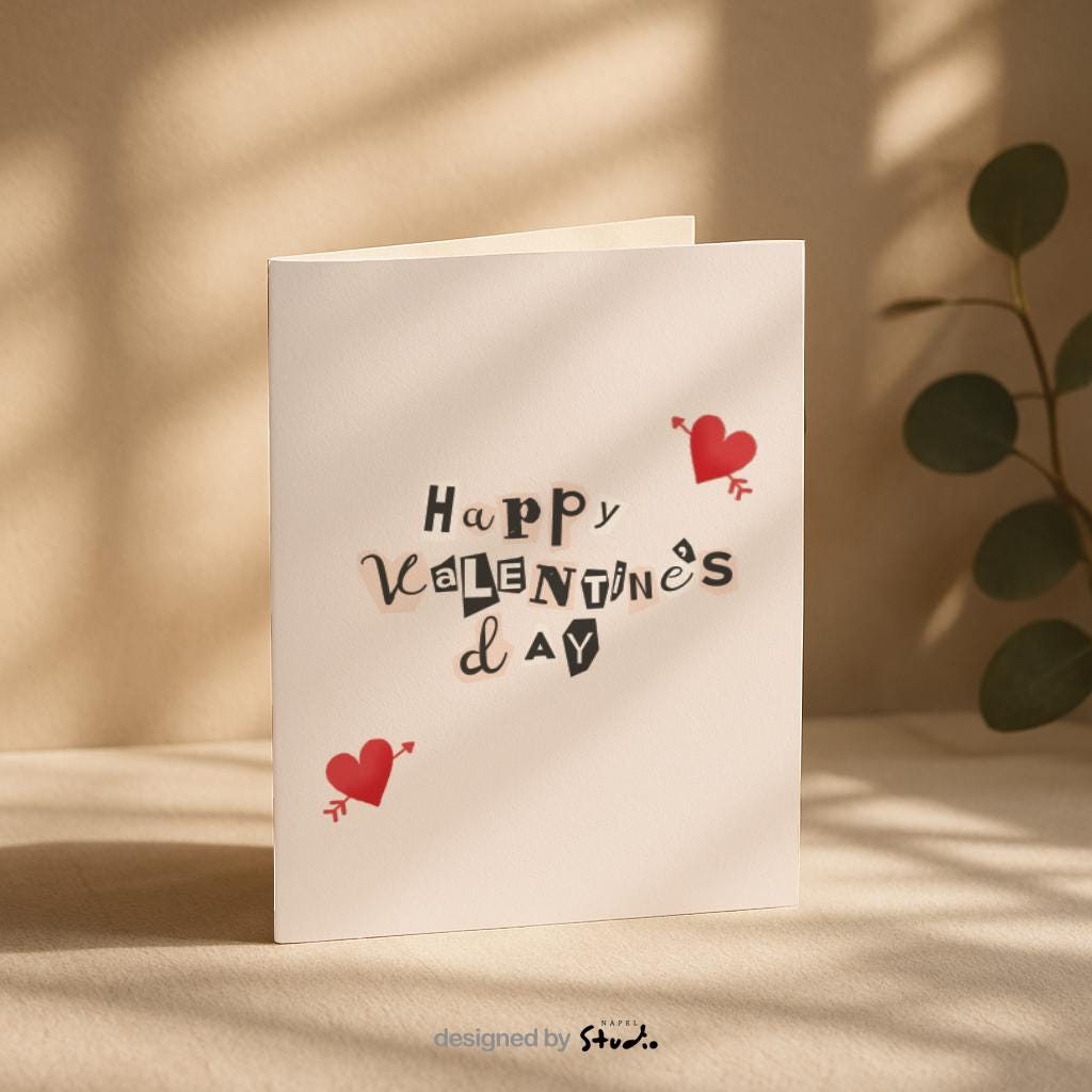 Verspielte Valentinstags Grußkarte mit Collage-Typografie und kleinen Herzillustrationen, modernes Design auf hellem Hintergrund, perfekt als liebevolle Valentine Karte für Partner oder Lieblingsmenschen, ideal für romantische Grüße mit kreativem Stil.