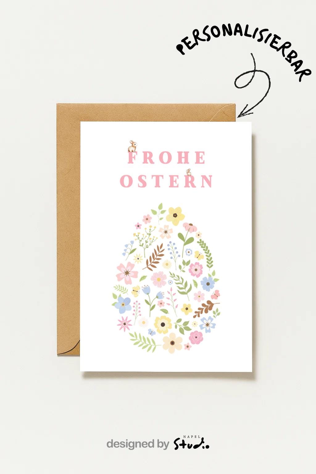 Zarte Oster Grußkarte mit floraler Illustration in Form eines Ostereis, feine Blumen und Blätter in sanften Pastellfarben, minimalistisches und elegantes Design, ideal als stilvolle Osterkarte für Familie, Freunde oder Kollegen, perfekte Frühlingskarte mit liebevollem Charakter.