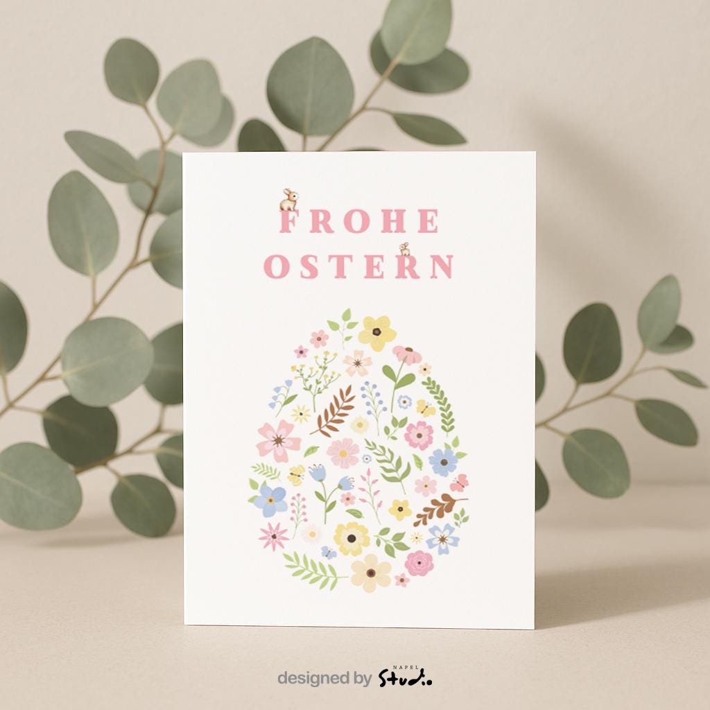 Oster , Frohe Ostern Blumenkarte, Florale Osterkarte Mit Ei Motiv, Frühlingskarte, Elegante Osterkarte