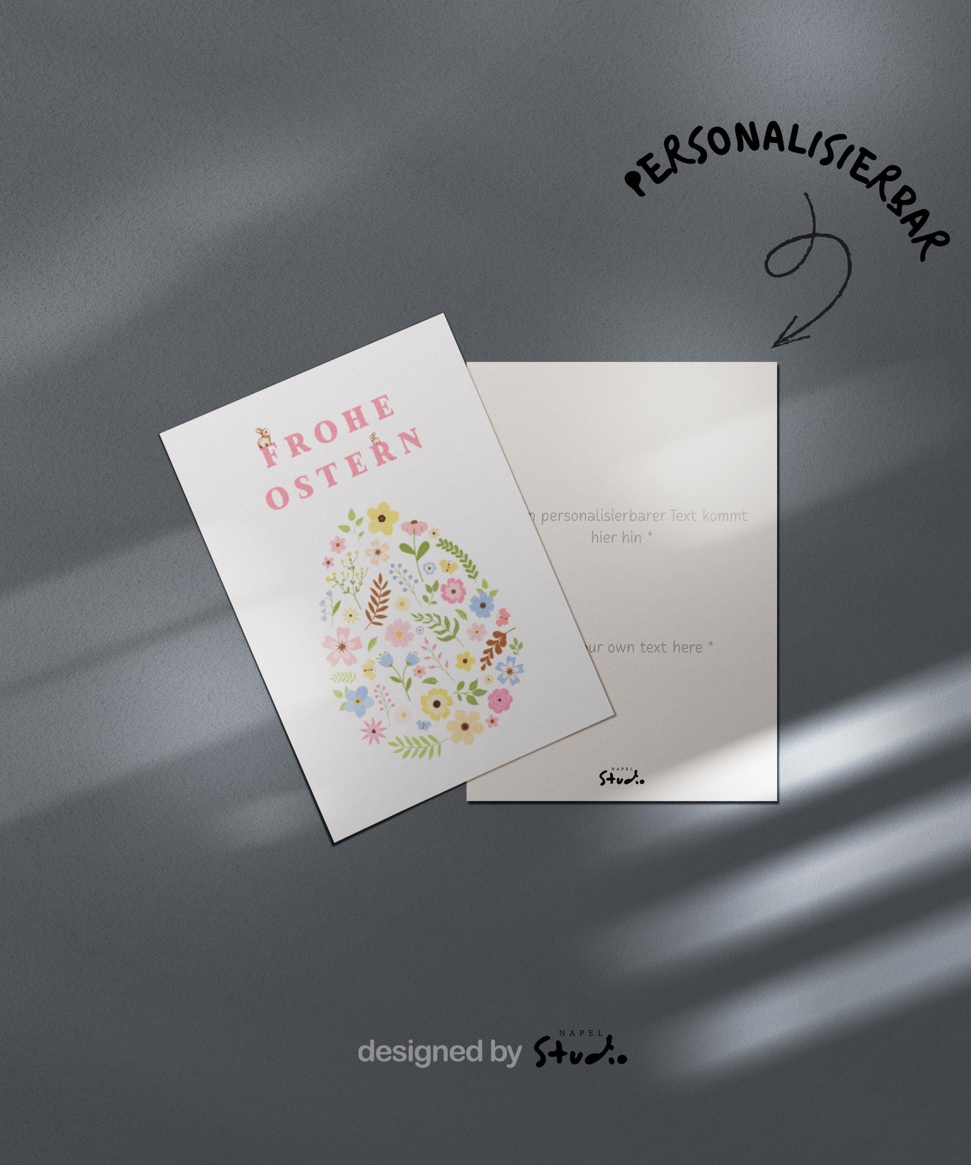 Zarte Oster Grußkarte mit floraler Illustration in Form eines Ostereis, feine Blumen und Blätter in sanften Pastellfarben, minimalistisches und elegantes Design, ideal als stilvolle Osterkarte für Familie, Freunde oder Kollegen, perfekte Frühlingskarte mit liebevollem Charakter.