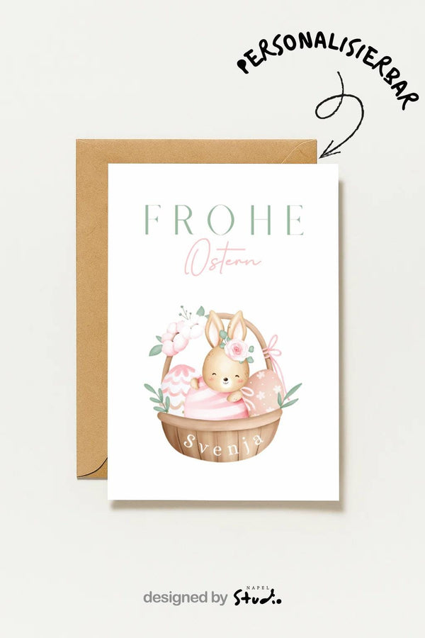 Personalisierte Oster , Frohe Ostern Mit Namen, Hase Im Körbchen, Süße Osterkarte