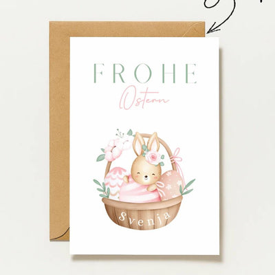 Personalisierte Oster , Frohe Ostern Mit Namen, Hase Im Körbchen, Süße Osterkarte