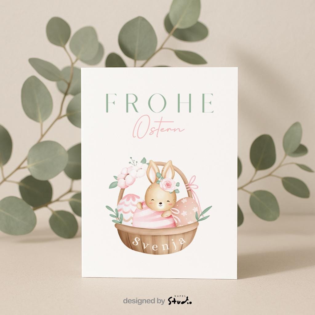 Personalisierte Oster Grußkarte mit niedlichem Hasen im Körbchen und dekorativen Ostereiern, sanfte Pastellfarben und verspieltes Design, ideal für Kinder, Familie oder als liebevolle Osterüberraschung, fröhliche Osterkarte mit Platz für individuellen Namen.
