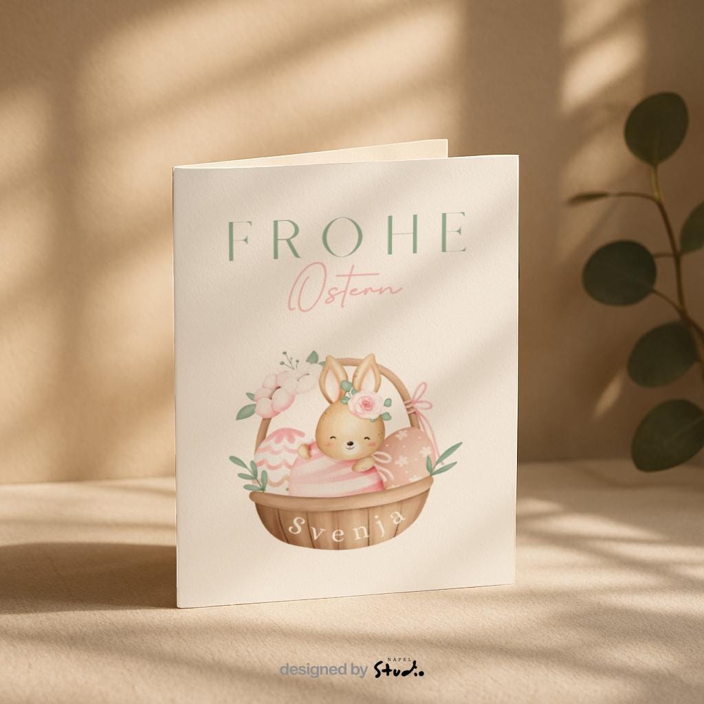 Personalisierte Oster Grußkarte mit niedlichem Hasen im Körbchen und dekorativen Ostereiern, sanfte Pastellfarben und verspieltes Design, ideal für Kinder, Familie oder als liebevolle Osterüberraschung, fröhliche Osterkarte mit Platz für individuellen Namen.
