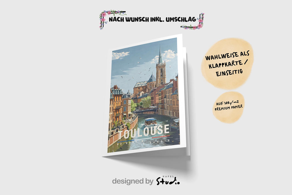 Illustrierte Grußkarte mit Toulouse-Motiv zeigt eine romantische Stadtansicht entlang eines ruhigen Kanals, umgeben von historischen Gebäuden mit warmen Ziegel- und Pastelltönen. Im Hintergrund ragt eine markante Kirche empor, während sich die Architektur im Wasser spiegelt. Die detailreiche Illustration vermittelt französisches Lebensgefühl, Nostalgie und Reiseerinnerungen. Ideal als Städtegruß, Reise-Grußkarte oder Geschenk für Frankreich-Fans, Weltenbummler und Menschen.