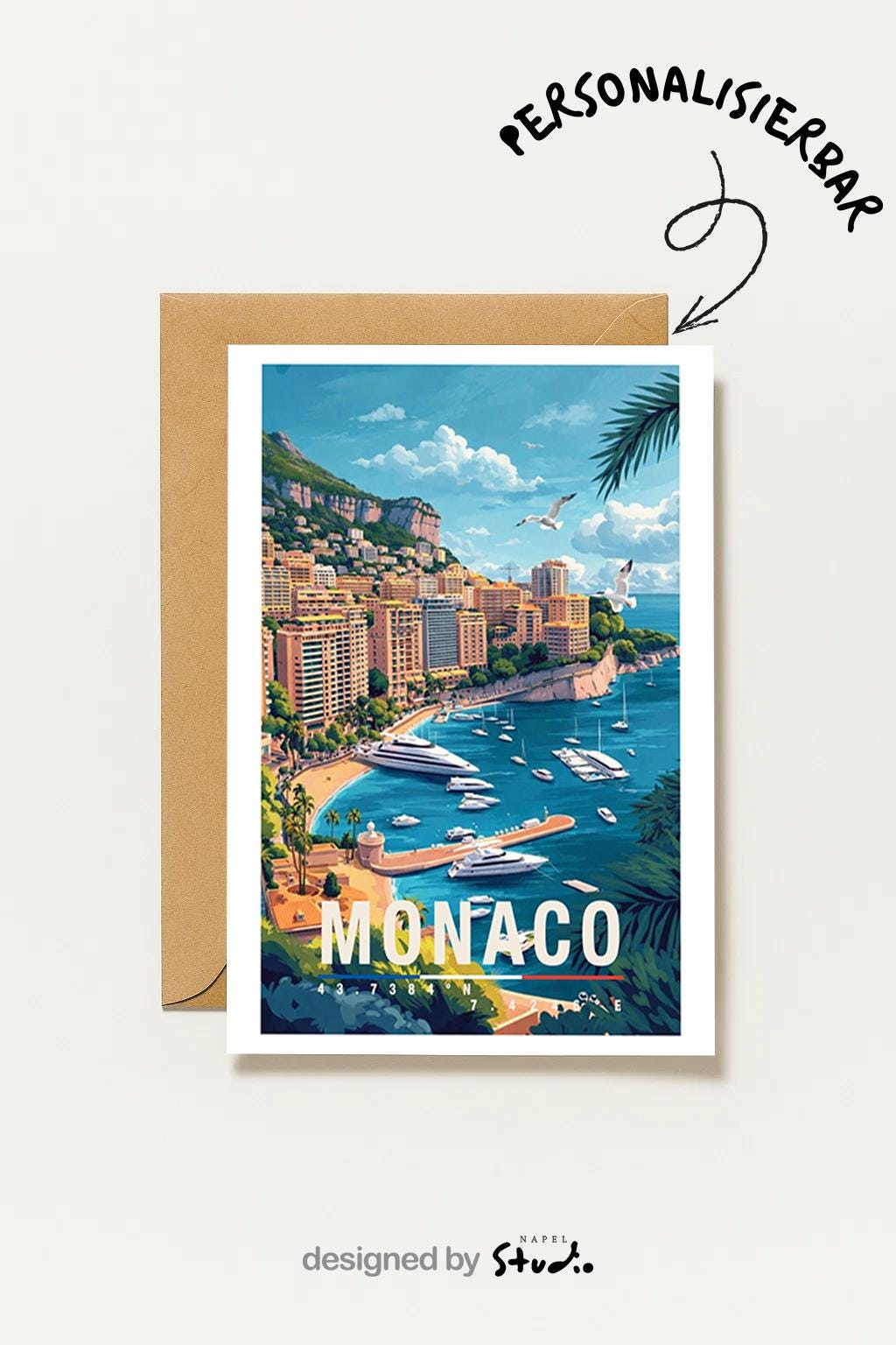 Illustrierte Grußkarte mit Monaco-Motiv zeigt die luxuriöse Küstenstadt mit eleganten Gebäuden, Yachthafen und tiefblauem Mittelmeer. Die sonnige Farbpalette und der detailreiche Illustrationsstil vermitteln Glamour, Urlaub und mediterranes Lebensgefühl. Perfekt als Reise-Grußkarte, Urlaubsgruß oder Geschenk für Liebhaber der Côte d’Azur, Monaco-Fans und Menschen mit Fernweh nach dem Süden.