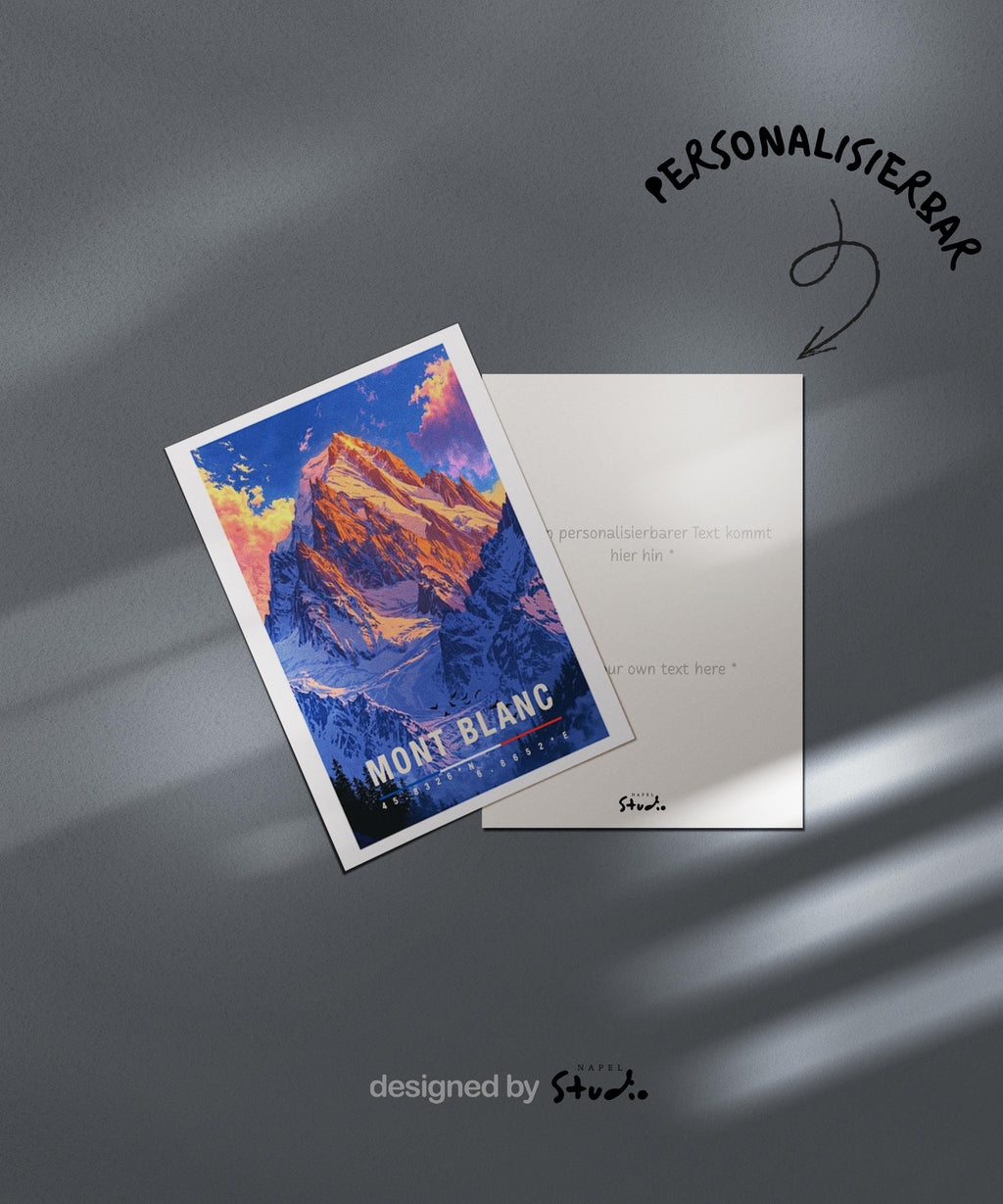 Illustrierte Grußkarte mit Mont-Blanc-Motiv zeigt den majestätischen, schneebedeckten Berg vor einem farbenfrohen Himmel in sanften Blau- und Rosatönen. Die detailreiche Darstellung der Alpenlandschaft vermittelt Naturverbundenheit, Weite und Abenteuerlust. Diese Karte eignet sich perfekt als Reise-Grußkarte, Naturmotiv oder Geschenk für Bergliebhaber, Wanderfreunde und Menschen mit einer besonderen Verbindung zu den französischen Alpen.
