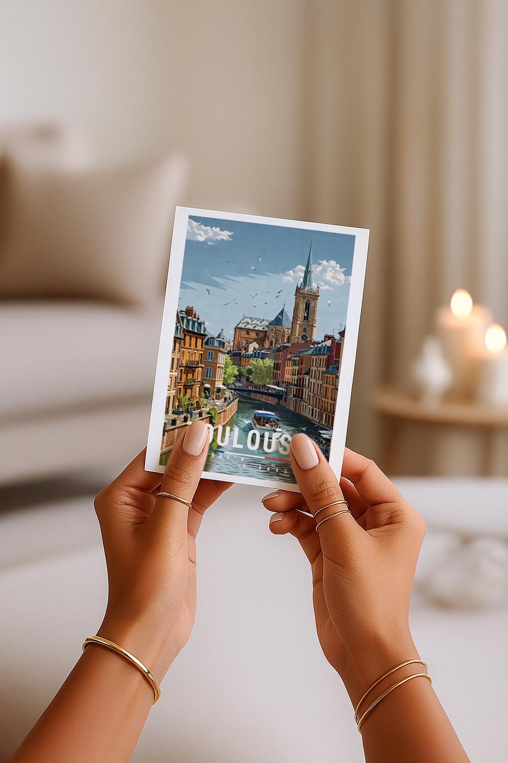 Illustrierte Grußkarte mit Toulouse-Motiv zeigt eine romantische Stadtansicht entlang eines ruhigen Kanals, umgeben von historischen Gebäuden mit warmen Ziegel- und Pastelltönen. Im Hintergrund ragt eine markante Kirche empor, während sich die Architektur im Wasser spiegelt. Die detailreiche Illustration vermittelt französisches Lebensgefühl, Nostalgie und Reiseerinnerungen. Ideal als Städtegruß, Reise-Grußkarte oder Geschenk für Frankreich-Fans, Weltenbummler und Menschen.