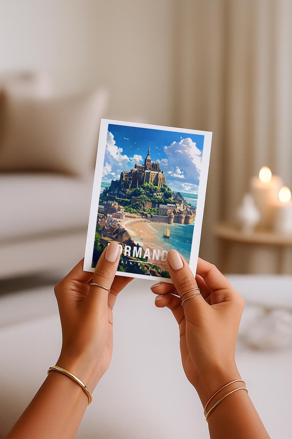 Diese illustrierte Grußkarte zeigt eine beeindruckende Küstenlandschaft der Normandie mit einer historischen Abtei auf einem Felsen, umgeben von Meer, Strand und kleinen Häusern. Die weiten Himmel und sanften Farben vermitteln Ruhe, Geschichte und Naturverbundenheit. Ideal als Reise-Grußkarte, Erinnerungsstück oder Geschenk für Frankreich-Liebhaber, Küstenfans und Menschen mit Bezug zur Normandie.