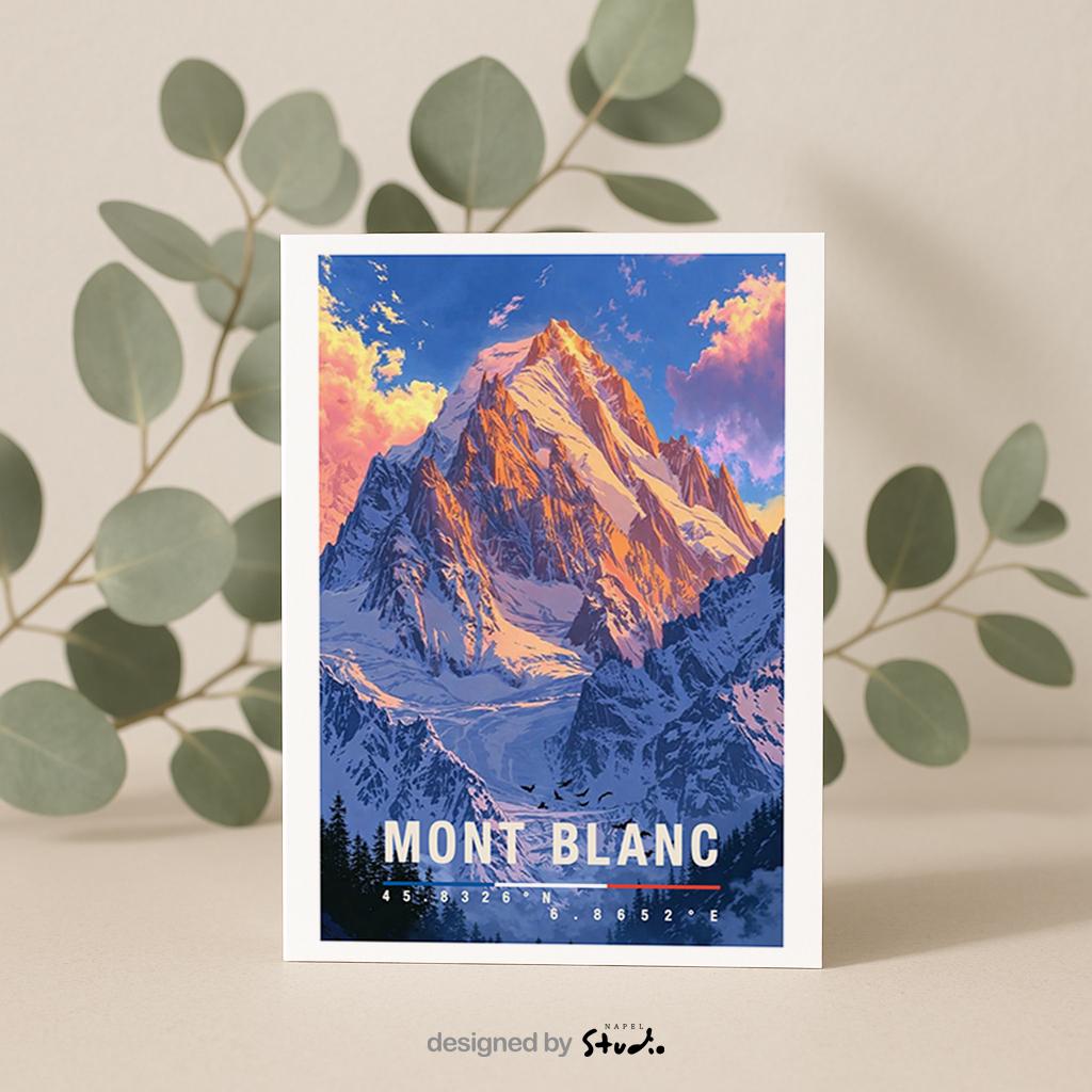 Illustrierte Grußkarte mit Mont-Blanc-Motiv zeigt den majestätischen, schneebedeckten Berg vor einem farbenfrohen Himmel in sanften Blau- und Rosatönen. Die detailreiche Darstellung der Alpenlandschaft vermittelt Naturverbundenheit, Weite und Abenteuerlust. Diese Karte eignet sich perfekt als Reise-Grußkarte, Naturmotiv oder Geschenk für Bergliebhaber, Wanderfreunde und Menschen mit einer besonderen Verbindung zu den französischen Alpen.