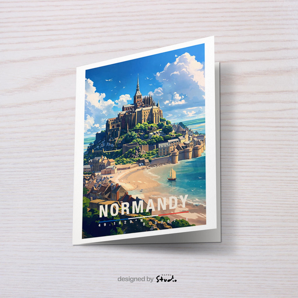 Diese illustrierte Grußkarte zeigt eine beeindruckende Küstenlandschaft der Normandie mit einer historischen Abtei auf einem Felsen, umgeben von Meer, Strand und kleinen Häusern. Die weiten Himmel und sanften Farben vermitteln Ruhe, Geschichte und Naturverbundenheit. Ideal als Reise-Grußkarte, Erinnerungsstück oder Geschenk für Frankreich-Liebhaber, Küstenfans und Menschen mit Bezug zur Normandie.