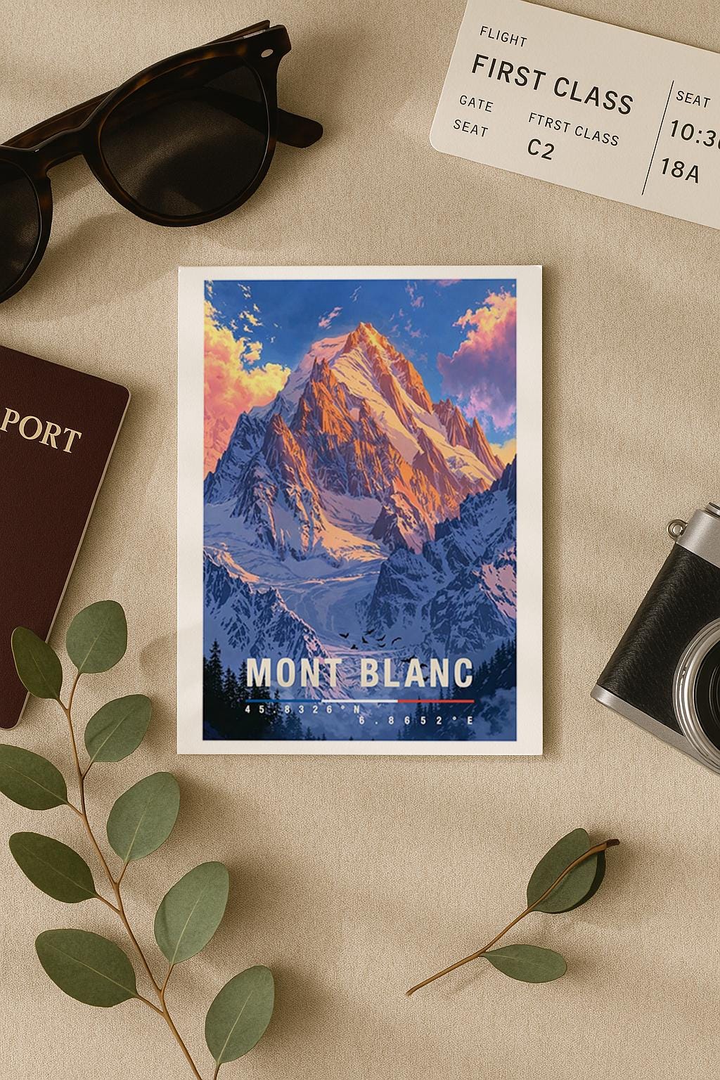 Illustrierte Grußkarte mit Mont-Blanc-Motiv zeigt den majestätischen, schneebedeckten Berg vor einem farbenfrohen Himmel in sanften Blau- und Rosatönen. Die detailreiche Darstellung der Alpenlandschaft vermittelt Naturverbundenheit, Weite und Abenteuerlust. Diese Karte eignet sich perfekt als Reise-Grußkarte, Naturmotiv oder Geschenk für Bergliebhaber, Wanderfreunde und Menschen mit einer besonderen Verbindung zu den französischen Alpen.