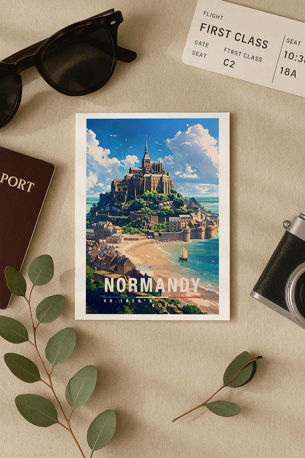 Diese illustrierte Grußkarte zeigt eine beeindruckende Küstenlandschaft der Normandie mit einer historischen Abtei auf einem Felsen, umgeben von Meer, Strand und kleinen Häusern. Die weiten Himmel und sanften Farben vermitteln Ruhe, Geschichte und Naturverbundenheit. Ideal als Reise-Grußkarte, Erinnerungsstück oder Geschenk für Frankreich-Liebhaber, Küstenfans und Menschen mit Bezug zur Normandie.