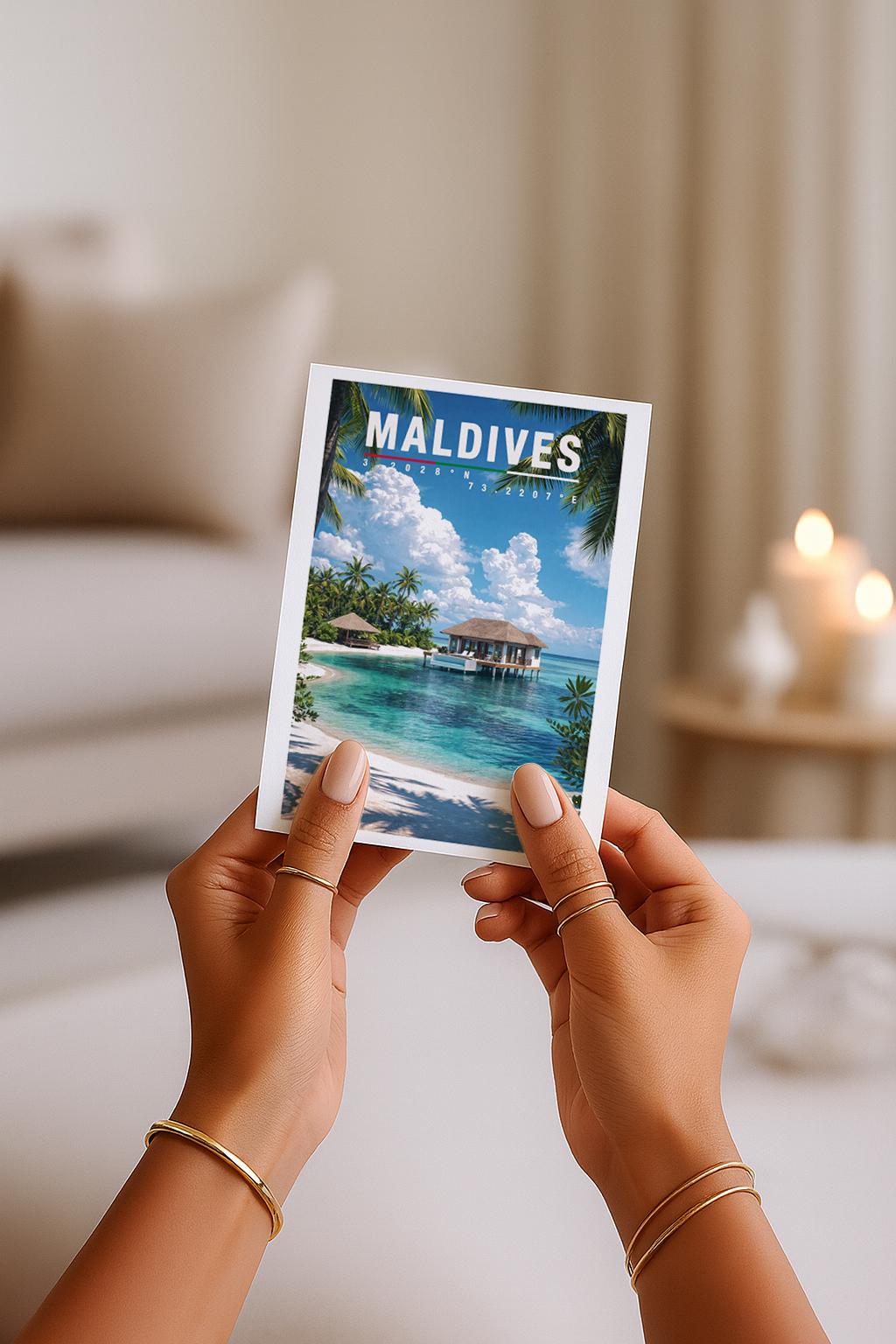 Illustrative Grußkarte mit traumhaftem Maldives-Motiv: türkisblaues, kristallklares Meer, weißer Sandstrand und elegante Wasserbungalows auf Stelzen, umgeben von Palmen und tropischer Natur. Die harmonische Farbpalette vermittelt Ruhe, Exklusivität und Fernweh. Ideal als Grußkarte für Reisebegeisterte, Hochzeiten, Flitterwochen, Geburtstage oder als besondere Urlaubs- und Glückwunschkarte mit Insel-Feeling.