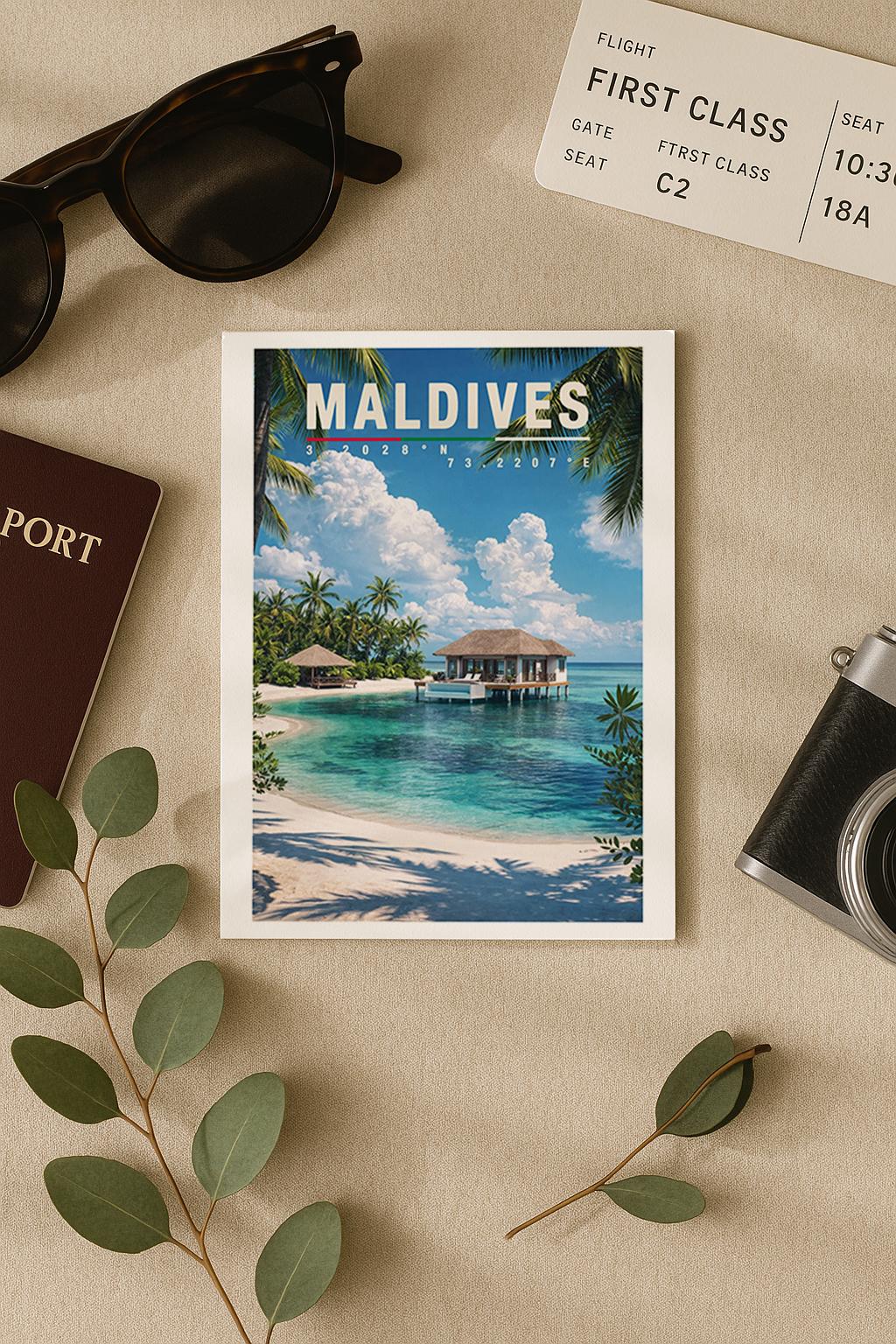Illustrative Grußkarte mit traumhaftem Maldives-Motiv: türkisblaues, kristallklares Meer, weißer Sandstrand und elegante Wasserbungalows auf Stelzen, umgeben von Palmen und tropischer Natur. Die harmonische Farbpalette vermittelt Ruhe, Exklusivität und Fernweh. Ideal als Grußkarte für Reisebegeisterte, Hochzeiten, Flitterwochen, Geburtstage oder als besondere Urlaubs- und Glückwunschkarte mit Insel-Feeling.