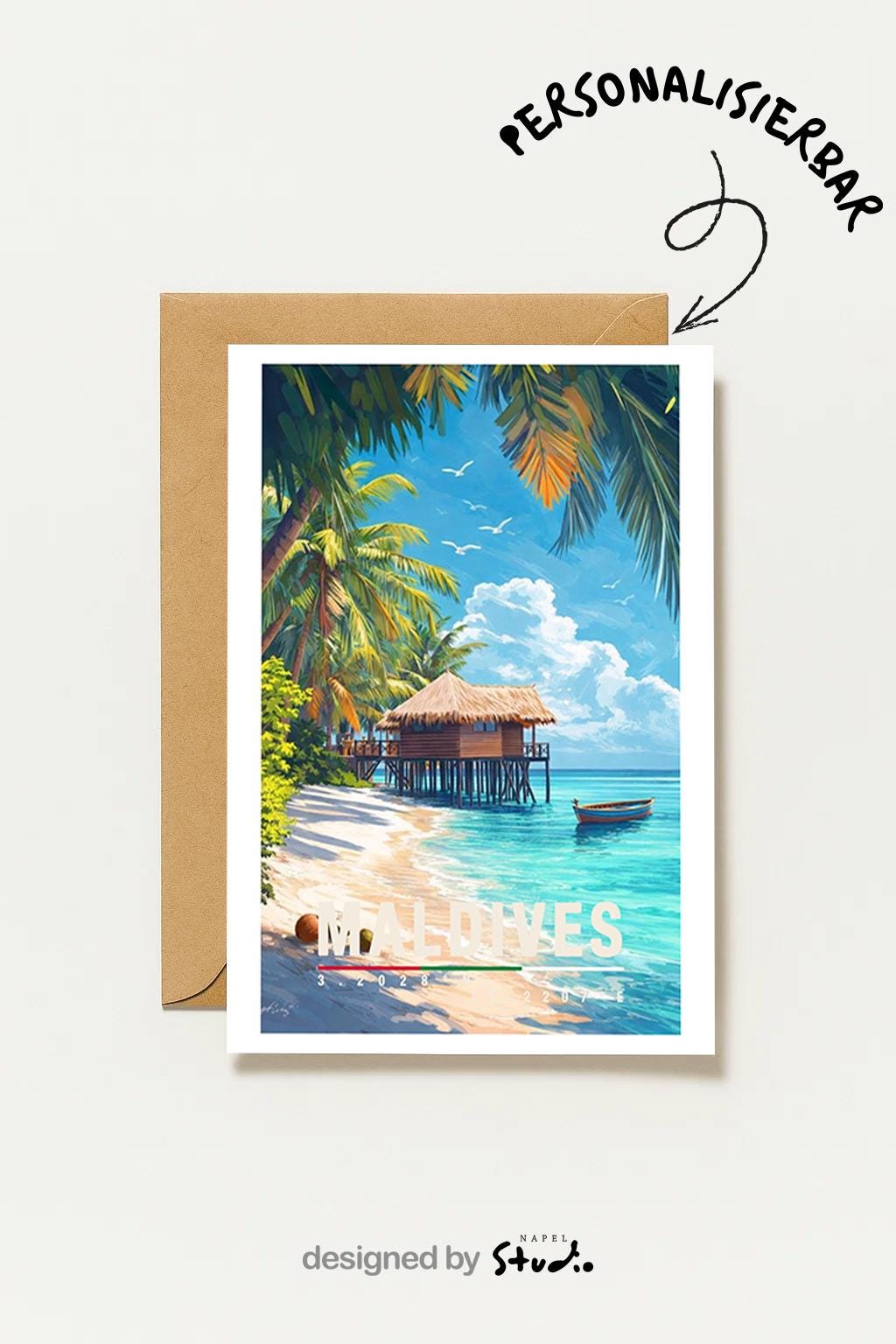 Stilvolle Grußkarte mit idyllischem Maldives-Strandmotiv: feiner weißer Sand, sanfte türkisfarbene Wellen, schattenspendende Palmen und ein Strandhaus direkt am Meer. Das Motiv strahlt Wärme, Entspannung und Urlaubsgefühl aus. Perfekt als Grußkarte für Urlaubsgrüße, Hochzeiten, Jahrestage, Valentinstag oder als liebevolle Aufmerksamkeit für Menschen, die Sonne, Meer und exotische Reiseziele lieben.