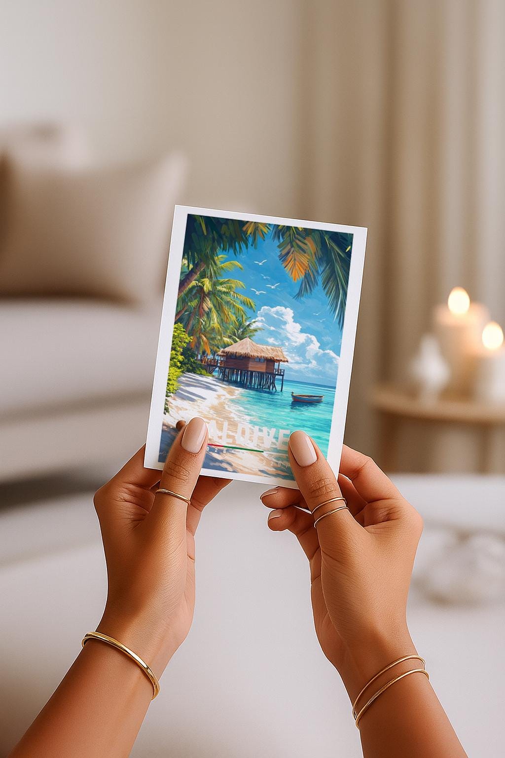 Stilvolle Grußkarte mit idyllischem Maldives-Strandmotiv: feiner weißer Sand, sanfte türkisfarbene Wellen, schattenspendende Palmen und ein Strandhaus direkt am Meer. Das Motiv strahlt Wärme, Entspannung und Urlaubsgefühl aus. Perfekt als Grußkarte für Urlaubsgrüße, Hochzeiten, Jahrestage, Valentinstag oder als liebevolle Aufmerksamkeit für Menschen, die Sonne, Meer und exotische Reiseziele lieben.