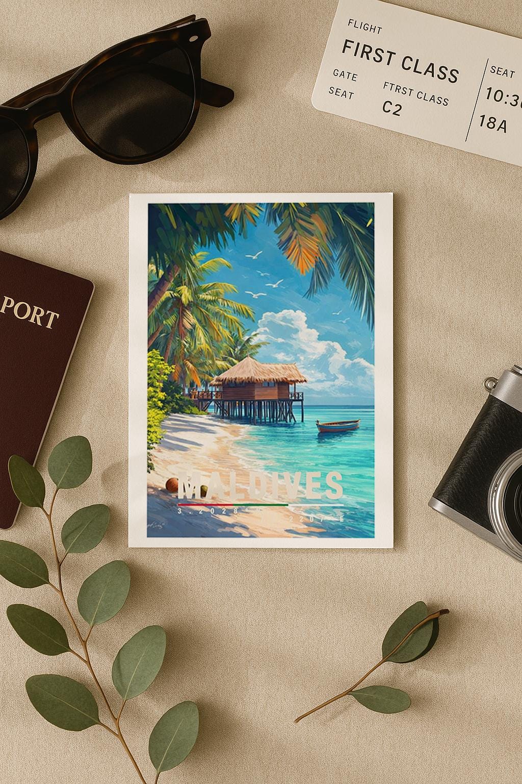 Stilvolle Grußkarte mit idyllischem Maldives-Strandmotiv: feiner weißer Sand, sanfte türkisfarbene Wellen, schattenspendende Palmen und ein Strandhaus direkt am Meer. Das Motiv strahlt Wärme, Entspannung und Urlaubsgefühl aus. Perfekt als Grußkarte für Urlaubsgrüße, Hochzeiten, Jahrestage, Valentinstag oder als liebevolle Aufmerksamkeit für Menschen, die Sonne, Meer und exotische Reiseziele lieben.