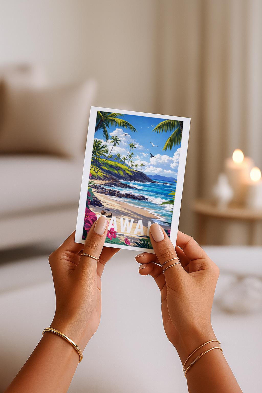 Illustrative Grußkarte mit tropischem Hawaii-Strandmotiv. Zu sehen sind ein sonniger Sandstrand, türkisblaues Meer mit sanften Wellen, Palmen entlang der Küste und üppige pinkfarbene Blumen im Vordergrund. Im Hintergrund erheben sich grüne Hügel unter einem blauen Himmel mit weißen Wolken. Das Motiv vermittelt Urlaubsgefühl, Wärme und Fernweh und eignet sich ideal als Reise-Grußkarte, Urlaubsgruß, Sommerkarte oder Geschenk für Hawaii- und Strandliebhaber.