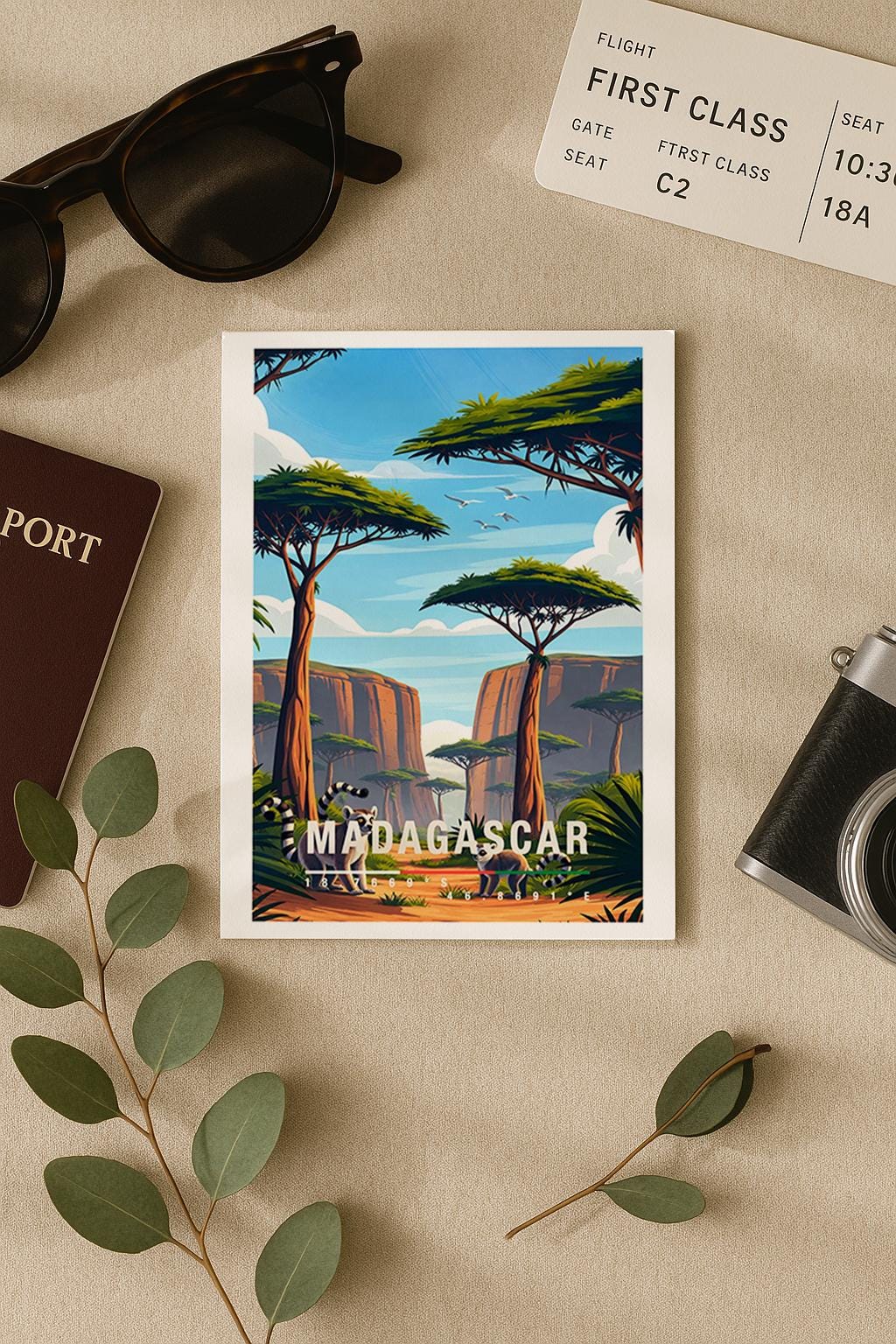 Illustrative Grußkarte mit einer warmen, farbenfrohen Landschaft aus Madagaskar. Im Vordergrund stehen zwei Lemuren auf einem sandfarbenen Pfad, umgeben von üppigem Grün und typischen Pflanzen. Hohe, charakteristische Bäume mit flachen Kronen prägen die Szenerie, während sich im Hintergrund felsige Schluchten und eine weite Naturkulisse unter blauem Himmel mit sanften Wolken erstrecken. Fliegende Vögel verleihen dem Motiv Leichtigkeit und Tiefe. Die Karte vermittelt Abenteuer, Exotik.