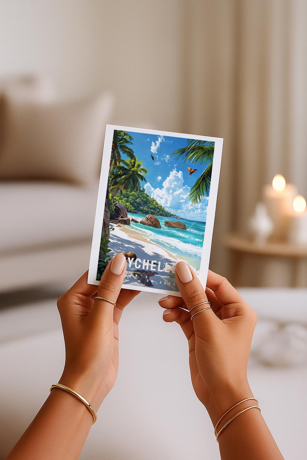 Illustrative Grußkarte mit paradiesischem Seychellen-Strandmotiv. Zu sehen ist ein heller Sandstrand mit türkisfarbenem, klarem Meer, sanften Wellen und großen, charakteristischen Granitfelsen entlang der Küste. Hohe Palmen rahmen das Bild ein und werfen weiche Schatten auf den Strand. Im Hintergrund erstreckt sich eine grüne Insel unter einem leuchtend blauen Himmel mit weißen Wolken. Das Motiv vermittelt Ruhe.