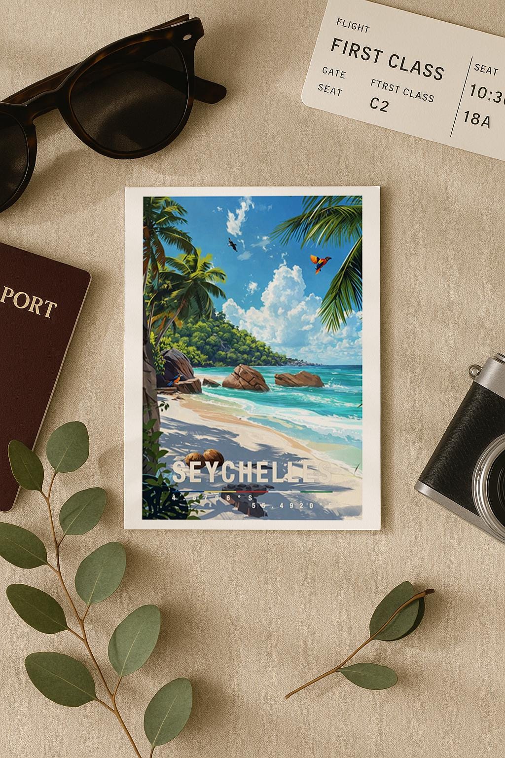 Illustrative Grußkarte mit paradiesischem Seychellen-Strandmotiv. Zu sehen ist ein heller Sandstrand mit türkisfarbenem, klarem Meer, sanften Wellen und großen, charakteristischen Granitfelsen entlang der Küste. Hohe Palmen rahmen das Bild ein und werfen weiche Schatten auf den Strand. Im Hintergrund erstreckt sich eine grüne Insel unter einem leuchtend blauen Himmel mit weißen Wolken. Das Motiv vermittelt Ruhe.