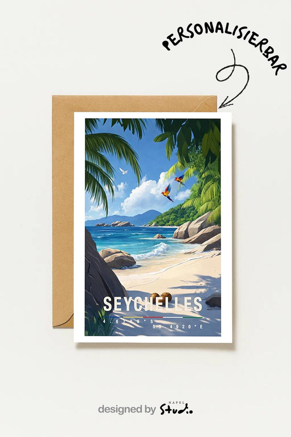 Postkarte Seychellen Inselparadies, Exotische Reise Mit Strand Und Palmen, Sommerliche Fernweh , Urlaubsgruß