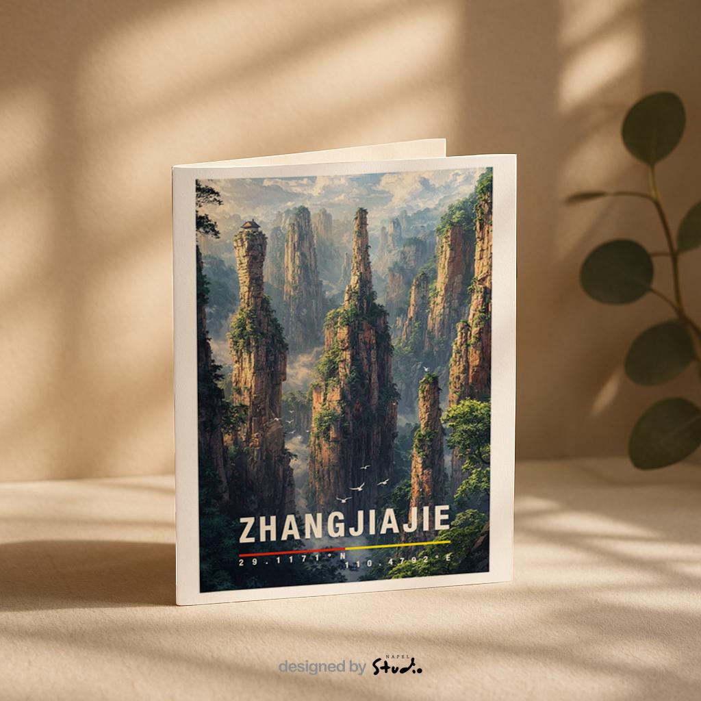 Illustrative Grußkarte mit einer eindrucksvollen Landschaft aus Zhangjiajie in China. Hohe, schmale Felsnadeln ragen aus einem nebeligen Tal empor, umgeben von üppigem Grün und mystischer Atmosphäre. Die Szene erinnert an schwebende Berge und zeigt die einzigartige Natur dieser Region. Ideal als Reisegrußkarte, Erinnerung an eine besondere Reise oder als inspirierende Karte für Naturliebhaber und Fernweh-Fans.