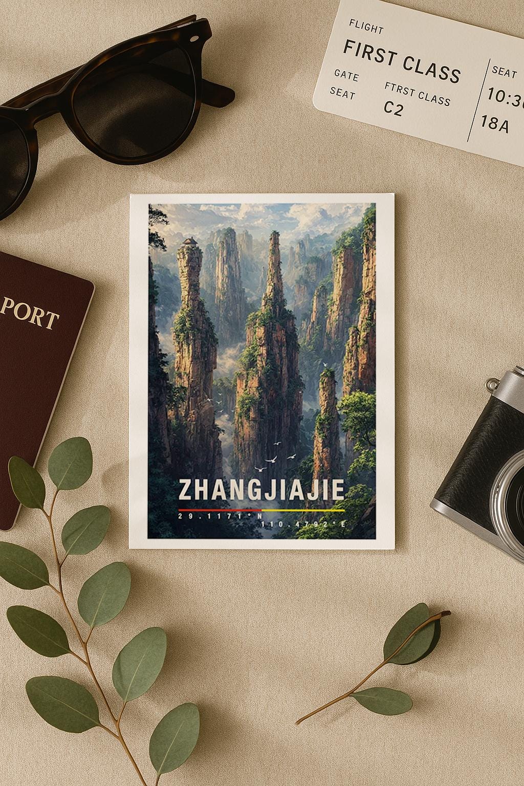 Illustrative Grußkarte mit einer eindrucksvollen Landschaft aus Zhangjiajie in China. Hohe, schmale Felsnadeln ragen aus einem nebeligen Tal empor, umgeben von üppigem Grün und mystischer Atmosphäre. Die Szene erinnert an schwebende Berge und zeigt die einzigartige Natur dieser Region. Ideal als Reisegrußkarte, Erinnerung an eine besondere Reise oder als inspirierende Karte für Naturliebhaber und Fernweh-Fans.