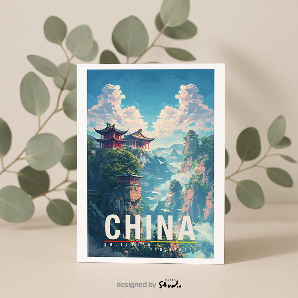 Künstlerische Grußkarte mit traditioneller chinesischer Architektur in einer spektakulären Berglandschaft. Mehrere Tempel liegen auf steilen Felsen, umgeben von Nebel, Wolken und sattem Grün. Die Illustration verbindet Natur, Spiritualität und fernöstliche Kultur und vermittelt Ruhe sowie Abenteuerlust. Perfekt als Grußkarte für Reiseliebhaber, Asien-Fans oder als besondere Karte mit kulturellem Flair.