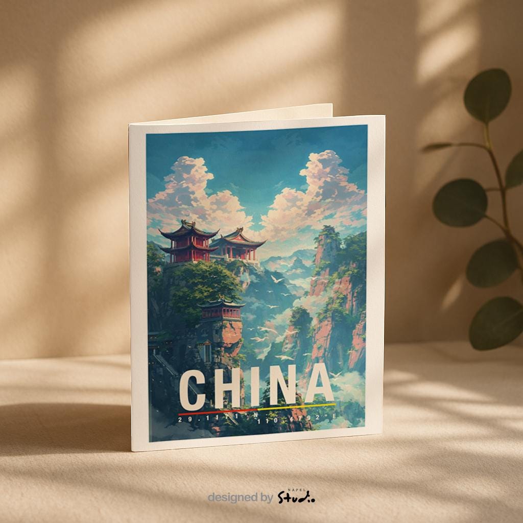 Künstlerische Grußkarte mit traditioneller chinesischer Architektur in einer spektakulären Berglandschaft. Mehrere Tempel liegen auf steilen Felsen, umgeben von Nebel, Wolken und sattem Grün. Die Illustration verbindet Natur, Spiritualität und fernöstliche Kultur und vermittelt Ruhe sowie Abenteuerlust. Perfekt als Grußkarte für Reiseliebhaber, Asien-Fans oder als besondere Karte mit kulturellem Flair.