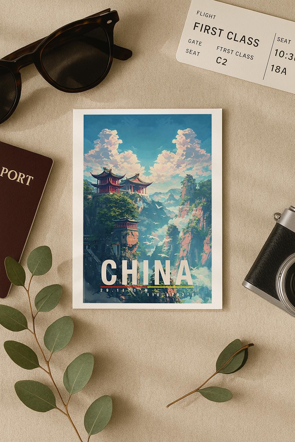 Künstlerische Grußkarte mit traditioneller chinesischer Architektur in einer spektakulären Berglandschaft. Mehrere Tempel liegen auf steilen Felsen, umgeben von Nebel, Wolken und sattem Grün. Die Illustration verbindet Natur, Spiritualität und fernöstliche Kultur und vermittelt Ruhe sowie Abenteuerlust. Perfekt als Grußkarte für Reiseliebhaber, Asien-Fans oder als besondere Karte mit kulturellem Flair.