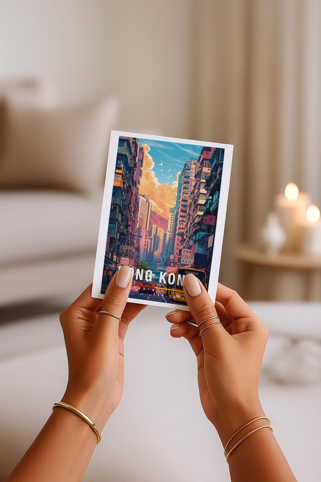 Illustrative Grußkarte mit einer belebten Straßenszene aus Hong Kong. Enge Straßen, Hochhäuser, Busse und Leuchtreklamen zeigen den pulsierenden Alltag der asiatischen Metropole. Warme Farben und dynamische Perspektiven vermitteln Bewegung und Leben. Eine perfekte Grußkarte für Stadtliebhaber, Reisefans oder alle, die urbane Motive und internationale Städte mögen.