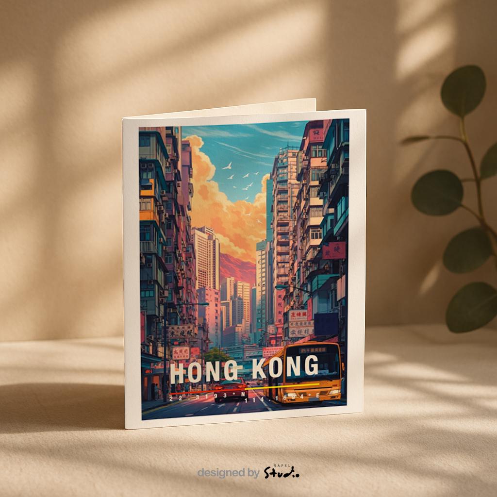 Illustrative Grußkarte mit einer belebten Straßenszene aus Hong Kong. Enge Straßen, Hochhäuser, Busse und Leuchtreklamen zeigen den pulsierenden Alltag der asiatischen Metropole. Warme Farben und dynamische Perspektiven vermitteln Bewegung und Leben. Eine perfekte Grußkarte für Stadtliebhaber, Reisefans oder alle, die urbane Motive und internationale Städte mögen.