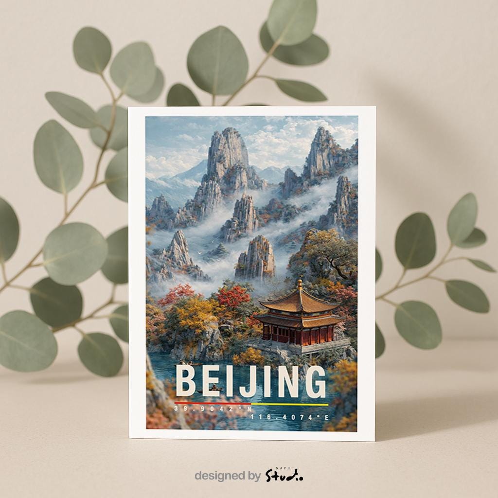 Detailreiche Grußkarte mit einer ruhigen Landschaft aus der Region Beijing. Ein traditioneller chinesischer Tempel liegt eingebettet zwischen Bergen, Nebel und herbstlichen Farben. Die Illustration strahlt Harmonie, Naturverbundenheit und kulturelle Tiefe aus. Ideal als Grußkarte für Asien-Reisende, Kulturinteressierte oder als besondere Karte mit spiritueller Stimmung.