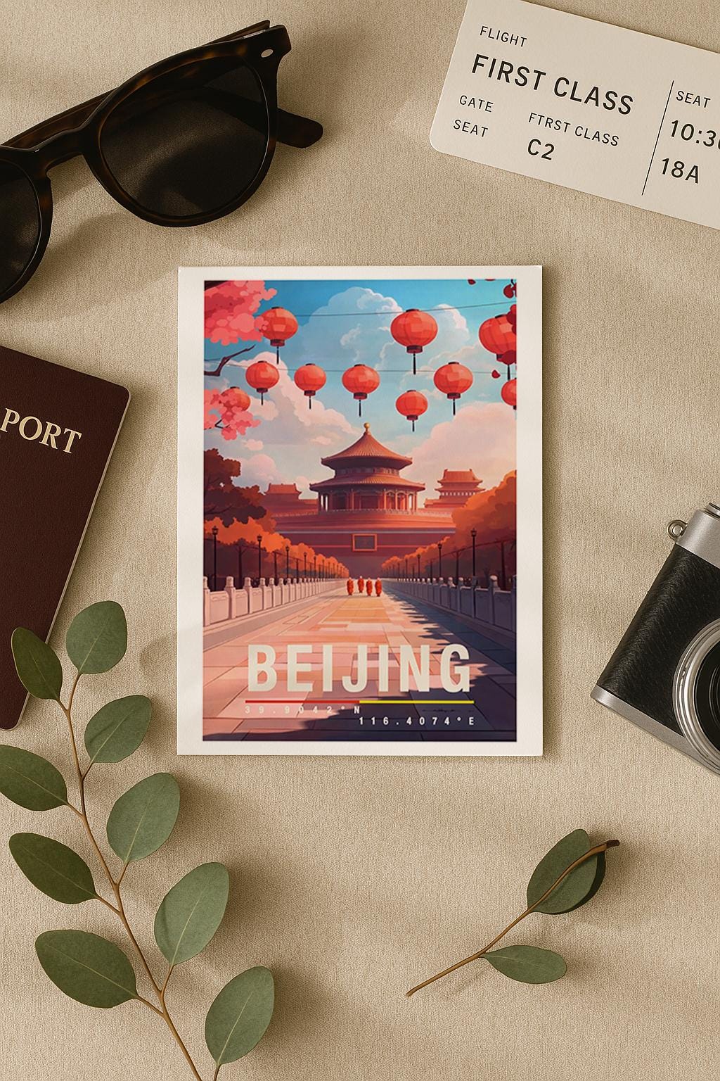 Stimmungsvolle Grußkarte mit einer traditionellen Szene aus Beijing. Rote Laternen hängen über einem breiten Weg, der zu klassischer chinesischer Architektur führt. Warme Farben und klare Linien vermitteln Festlichkeit, Kultur und Geschichte. Diese Karte eignet sich perfekt als Reisegrußkarte, Kulturkarte oder als stilvolle Grußkarte mit asiatischem Flair.