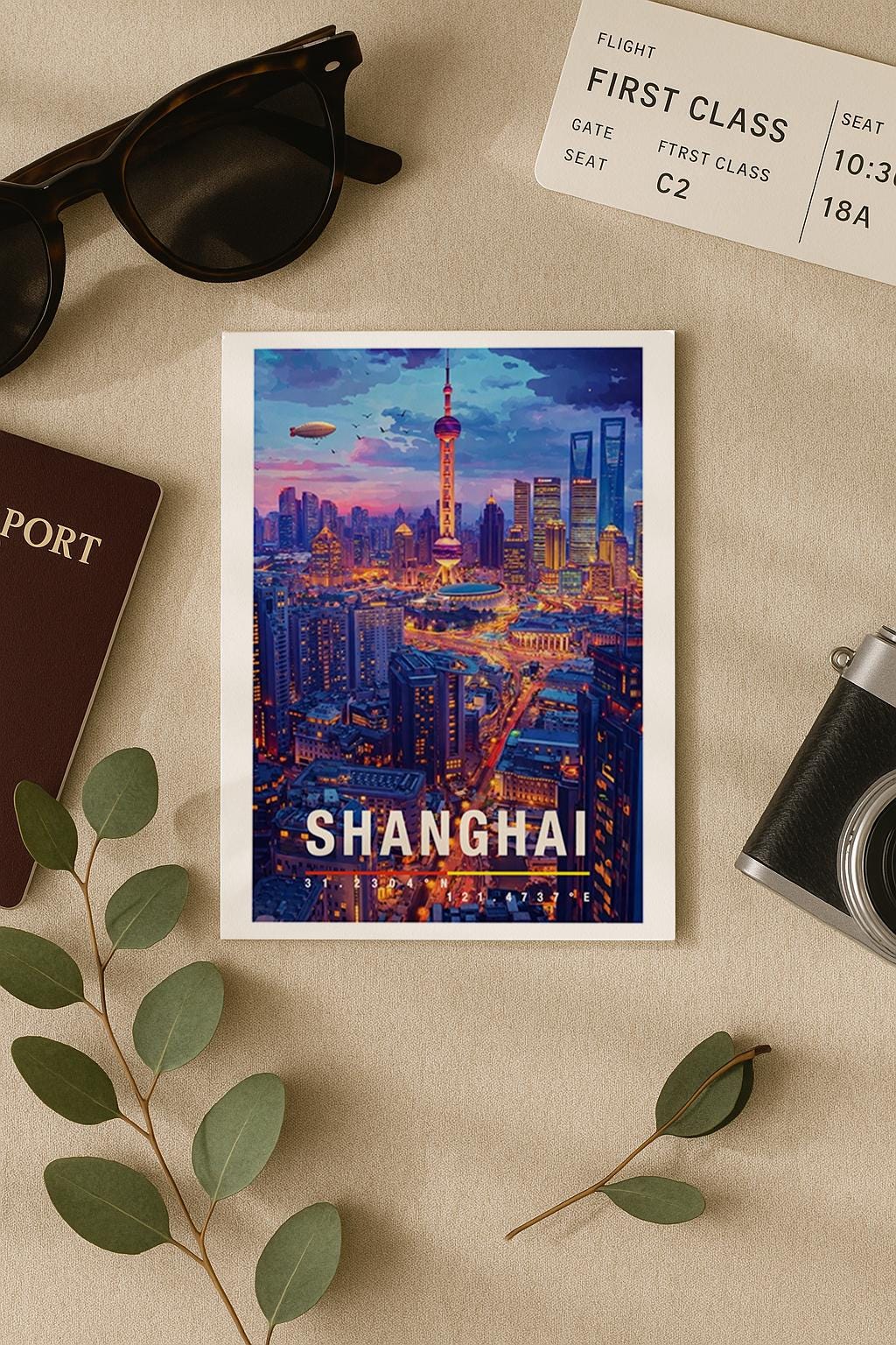 Moderne Grußkarte mit der beeindruckenden Skyline von Shanghai bei Dämmerung. Wolkenkratzer, beleuchtete Straßen und der markante Fernsehturm prägen das Stadtbild. Die farbenreiche Illustration verbindet Dynamik, Zukunft und Großstadtgefühl. Ideal als Grußkarte für Reisebegeisterte, Stadtfans oder als modernes Asien-Motiv.