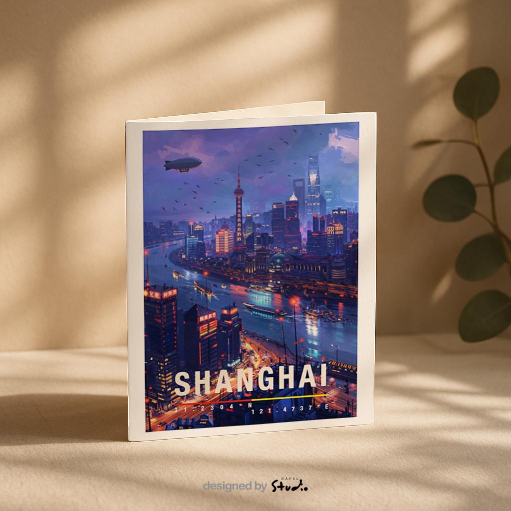 Atmosphärische Grußkarte mit einer nächtlichen Ansicht von Shanghai. Der Fluss schlängelt sich durch die Stadt, reflektiert Lichter und Neonfarben der Hochhäuser. Die Szene vermittelt Energie, Tiefe und internationales Flair. Perfekt als Grußkarte für Weltenbummler, Asien-Liebhaber oder als stilvolle Karte mit urbanem Charakter.