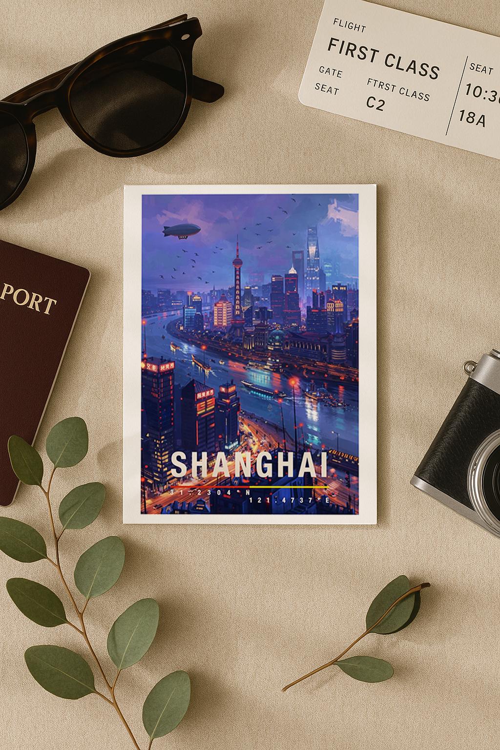 Atmosphärische Grußkarte mit einer nächtlichen Ansicht von Shanghai. Der Fluss schlängelt sich durch die Stadt, reflektiert Lichter und Neonfarben der Hochhäuser. Die Szene vermittelt Energie, Tiefe und internationales Flair. Perfekt als Grußkarte für Weltenbummler, Asien-Liebhaber oder als stilvolle Karte mit urbanem Charakter.