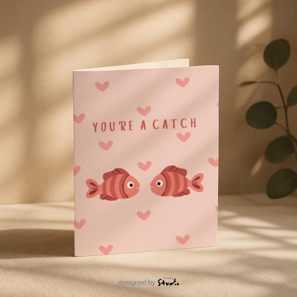 Illustration von zwei Fischen, die sich gegenüberstehen, umgeben von kleinen Herzen. Der Text „You’re a catch“ macht die Karte zu einer charmanten Liebeskarte mit Wortspiel. Ideal für Valentinstag, Jahrestag oder als kleine romantische Aufmerksamkeit.