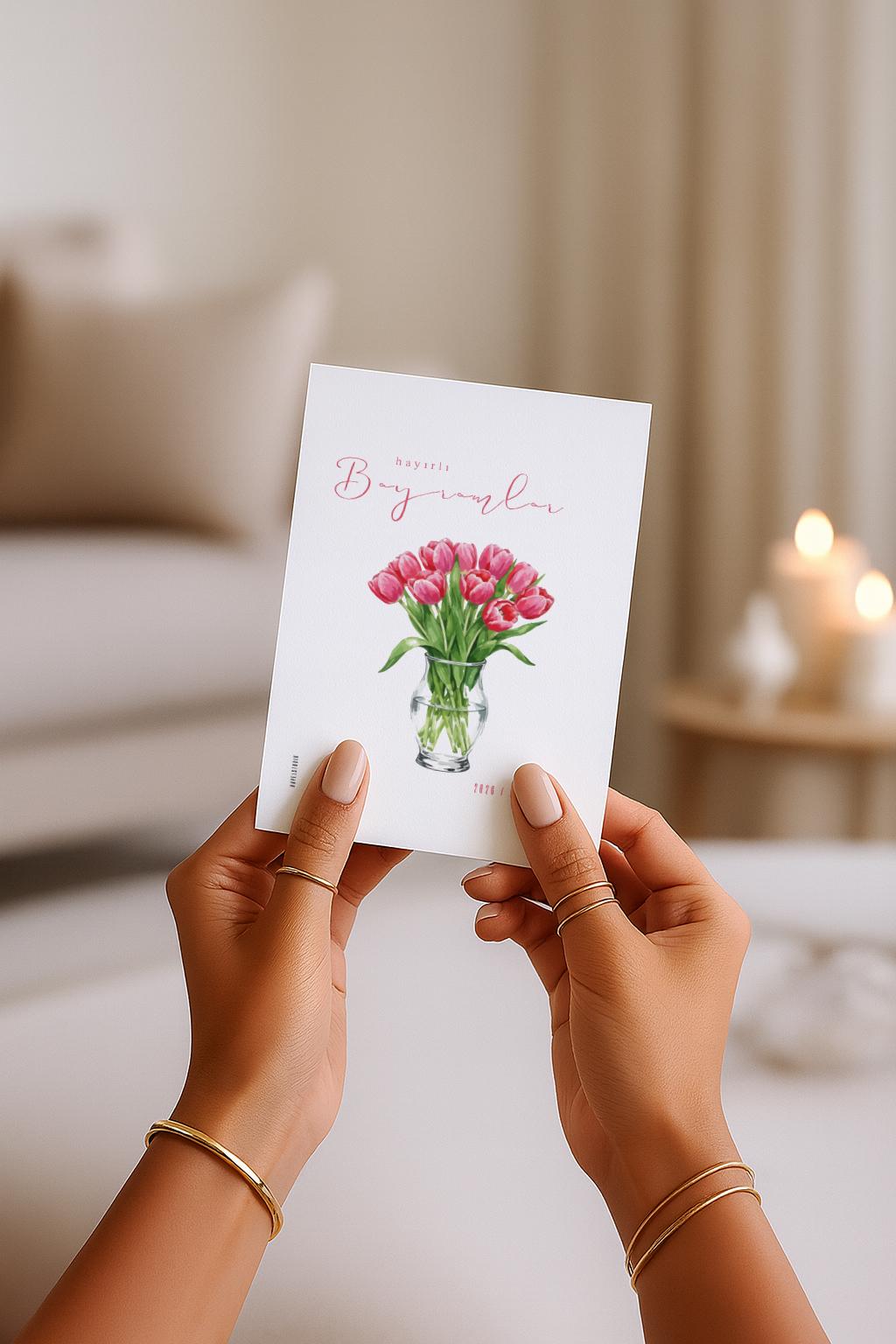 Hayirli Bayramlar Karte | Minimalistische Eid Grußkarte mit Tulpen Illustration