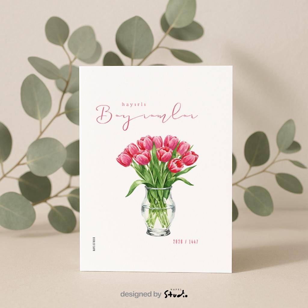 Hayirli Bayramlar Karte | Minimalistische Eid Grußkarte mit Tulpen Illustration