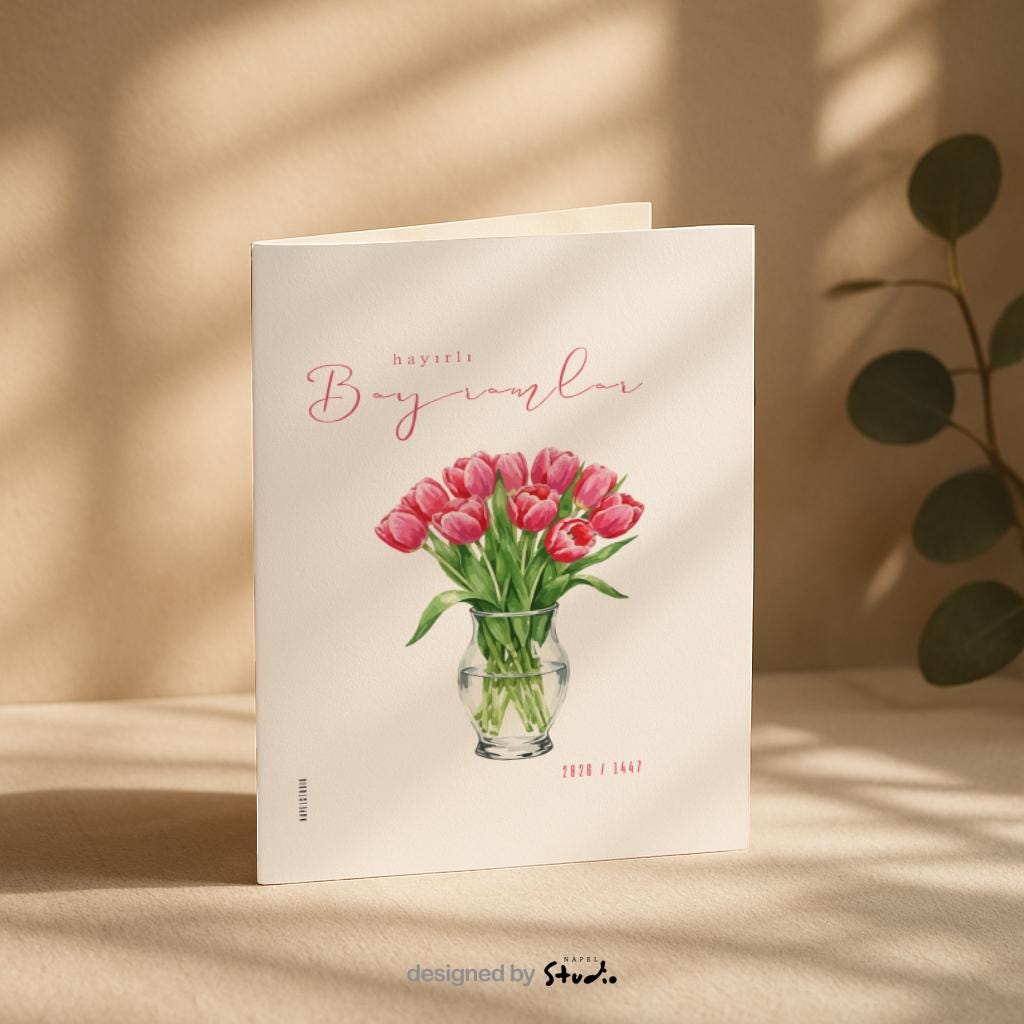 Hayirli Bayramlar Karte | Minimalistische Eid Grußkarte mit Tulpen Illustration