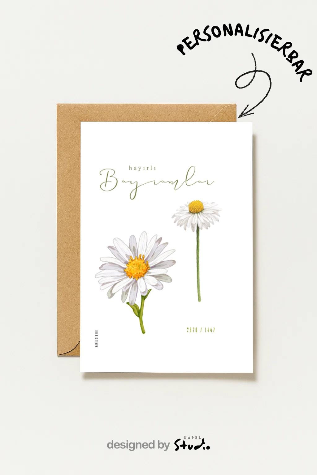 Hayirli Bayramlar Karte | Minimalistische Eid Grußkarte mit Gänseblumen Illustration