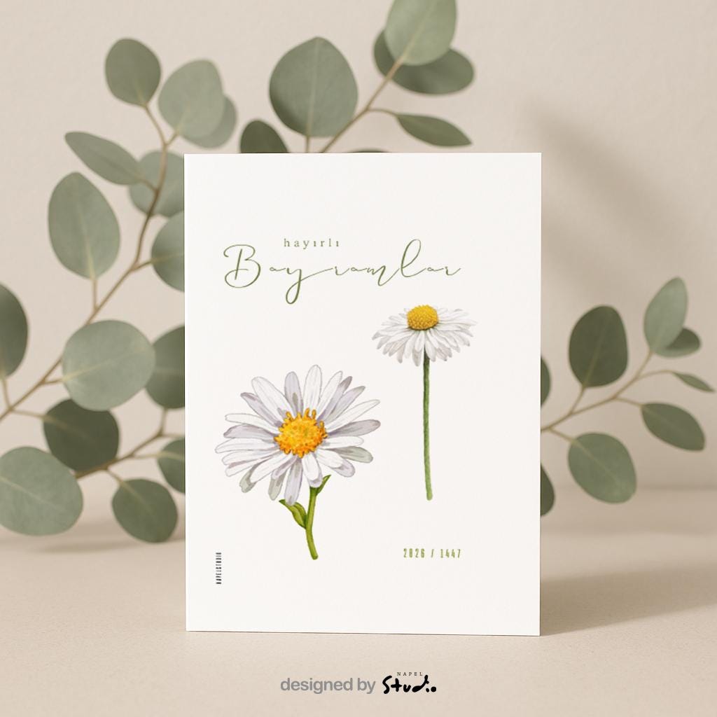 Hayirli Bayramlar Karte | Minimalistische Eid Grußkarte mit Gänseblumen Illustration