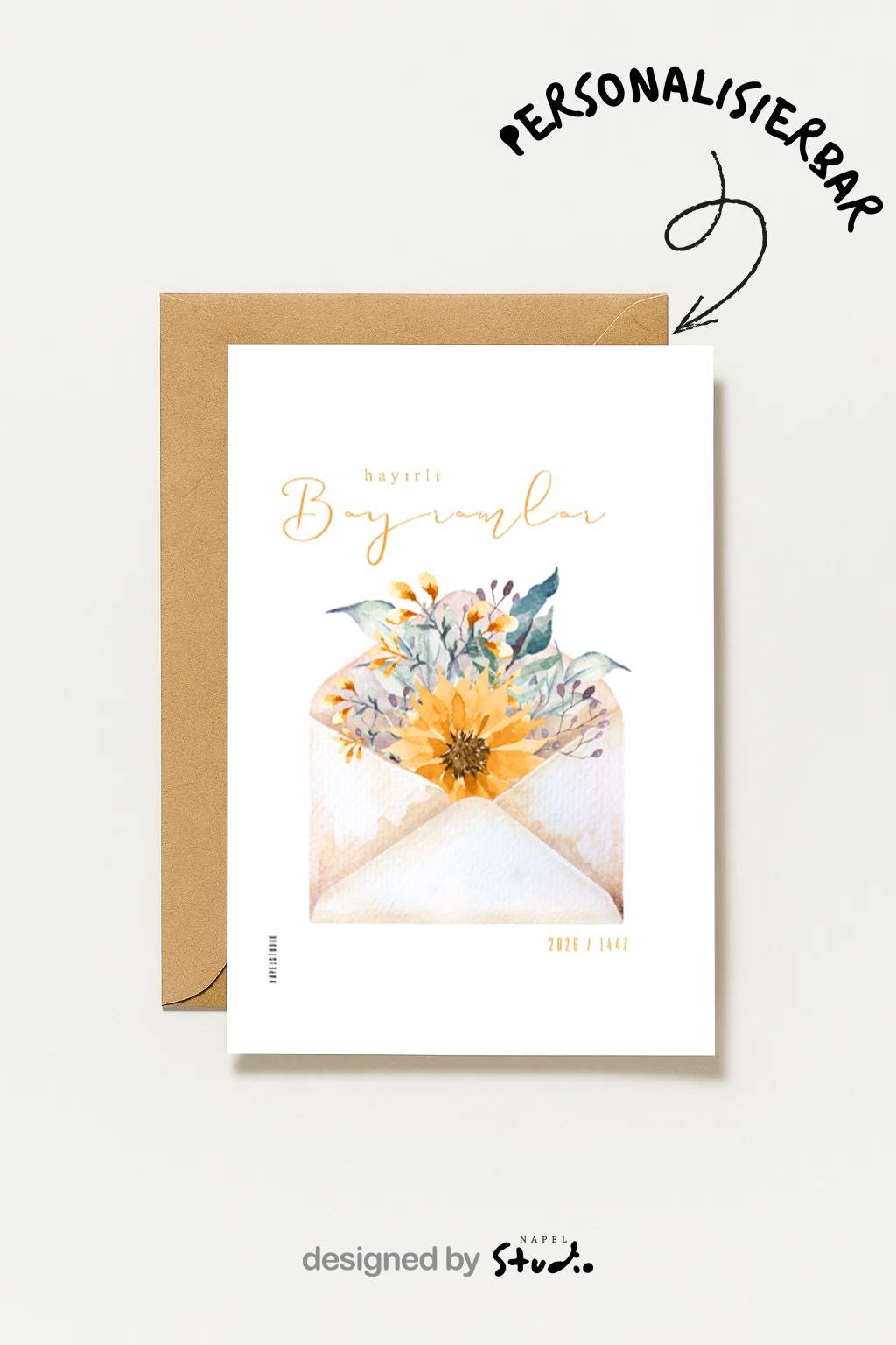Hayirli Bayramlar Karte | Minimalistische Eid Grußkarte mit Blumen im Umschlag Illustration