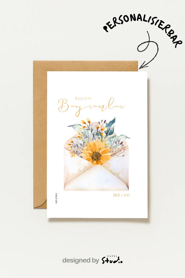 Hayirli Bayramlar Karte | Minimalistische Eid Grußkarte mit Blumen im Umschlag Illustration