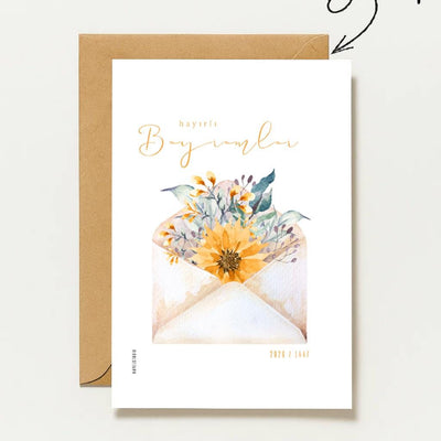 Hayirli Bayramlar Karte | Minimalistische Eid Grußkarte mit Blumen im Umschlag Illustration