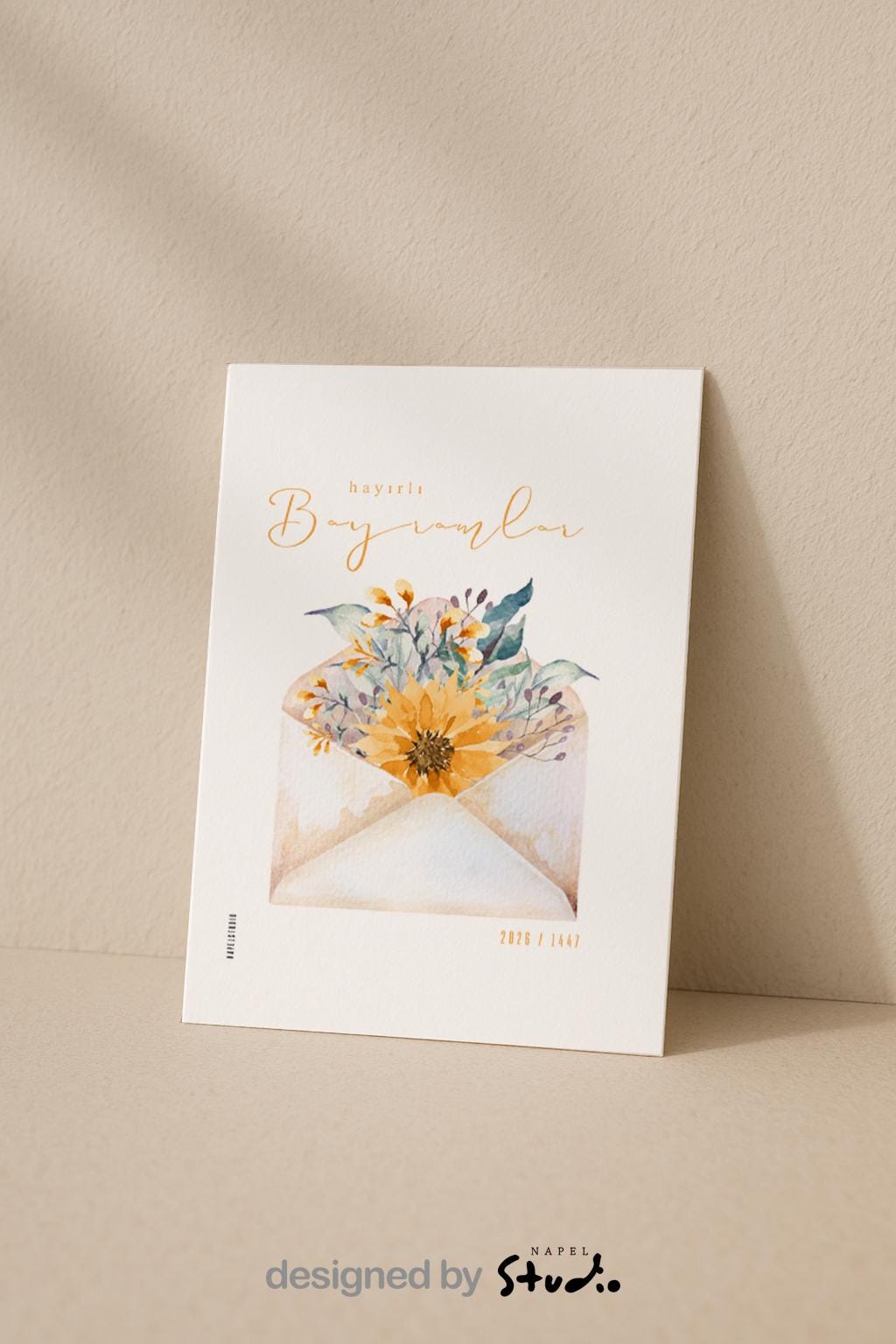 Hayirli Bayramlar Karte | Minimalistische Eid Grußkarte mit Blumen im Umschlag Illustration